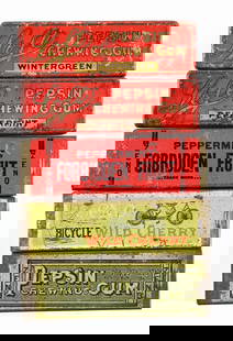 COLLECTION OF 5 VARIOUS CHEWING GUM TINS: This collection consists of: a Zeno Pepsin Gum tin, Zeno Bicycle tin, several Loft's gum tins. Condition: (Fair - Good). Dimensions: Each: 3 - 1/4" x 1" x 1/2".