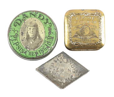 COLLECTION OF 3 CHEWING GUM TINS: This collection of three consists of a Dandy Pepsin Gum, Kis-Me brass tin, and a rare diamond-shaped gum tin. Condition: (Good). Dimensions: Largest: 1 - 3/4" Dia.