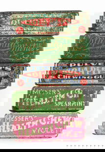 COLLECTION OF 5 GUM TIN BRANDS: This collection of 5 tins consists of: Messer's Health to Violet Gum, Spearmint Gum, Pulver's Cola Pepsin Gum, another Pulver's Gum tin. Condition: (Fair - Good). Dimensions: Largest: 3" x 1".