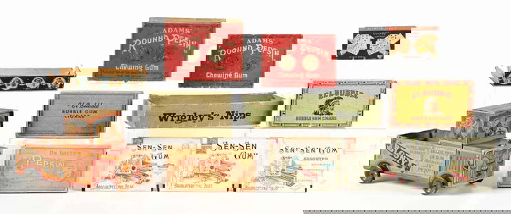 COLLECTION OF 13 CHEWING GUM BOXES & BOX TOPS: This collection consists of chewing gum boxes and advertising for Wrigley's Nips, Adams' Round Pepsin Chewing Gum, Dr. Green's Pepsin Gum, Blony auto truck display and box tops for Sen-Sen Gum. CONDIT