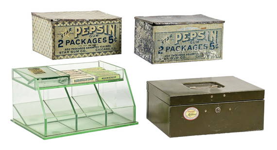 COLLECTION OF 4 CHEWING GUM MEMORABILIA ITEMS: (A) Chewing gum glass countertop display. Comes with several contemporary packs of Wrigley gum. Case shows one area of missing glass dividers that is not noticeable. (B) Star Pepsin Gum tin display, s