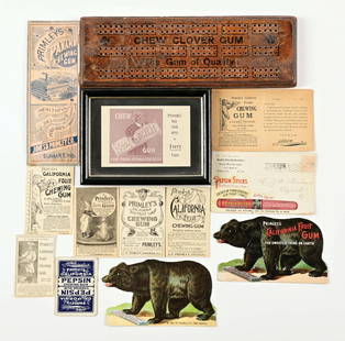 COLLECTION OF 13 CHEWING GUM MEMORABILIA ITEMS: A collection of 13 chewing gum memorabilia items consists of: Clover Chewing Gum cribbage board, Soda Mint trade card, Primley's Gum die-cut trade cards, letterhead, postcards. CONDITION: There are so