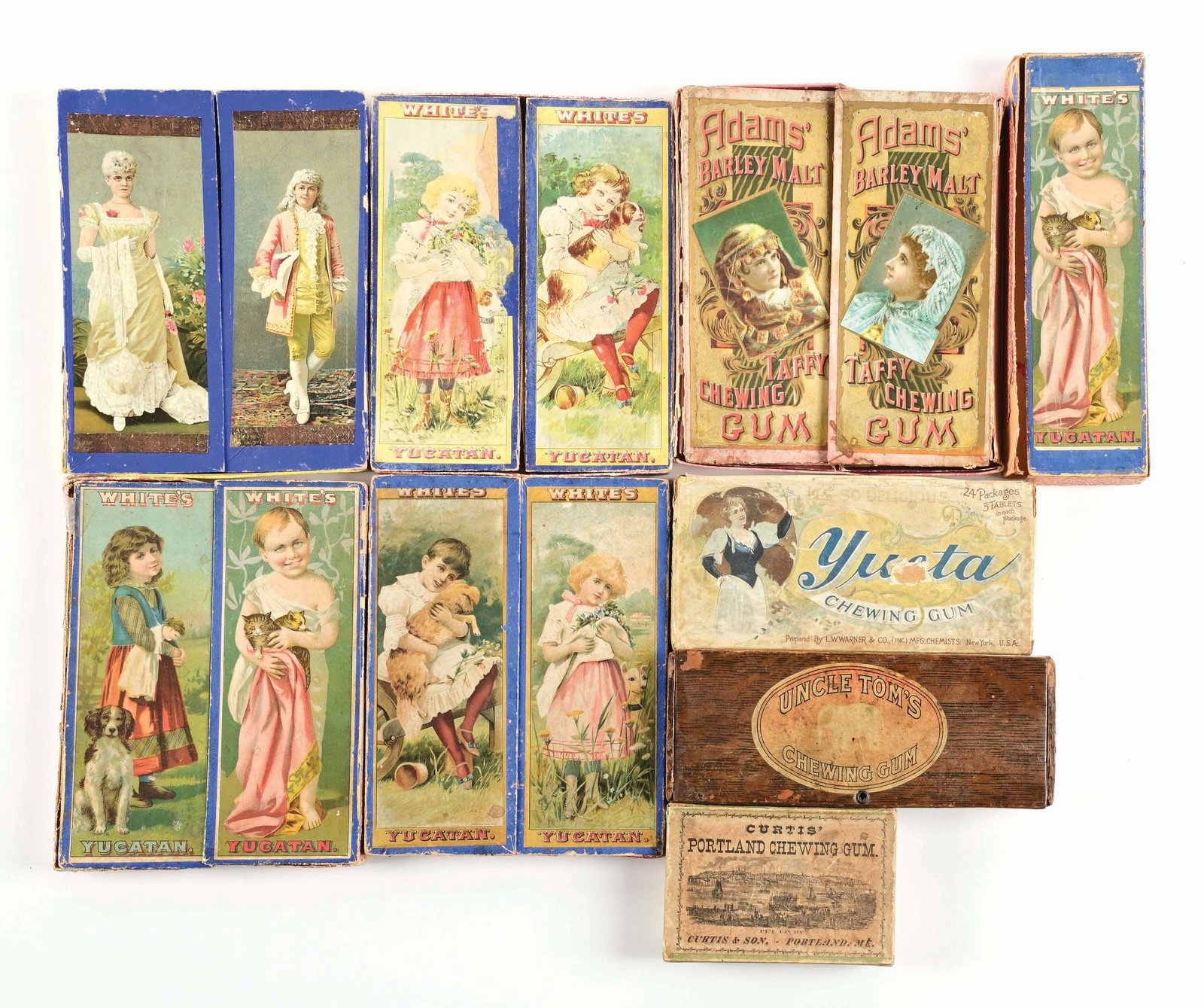 COLLECTION OF 9 CHEWING GUM BOXES: This collection of nine chewing gum boxes consists of brands like Adams', White's, Curtis and others. CONDITION: Boxes show areas of wear, foxing and tears to the edges, some lids have been removed fr