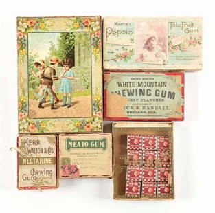 COLLECTION OF 6 VARIOUS CHEWING GUM BOXES: (A) Box from Neato Gum that contains a movie theater advertising slide. (B) Nectarine Chewing Gum box. (C) White Mountain Chewing Gum box. (D) Martyn's Pepsin glass top chewing gum box. (E) Richter Mo