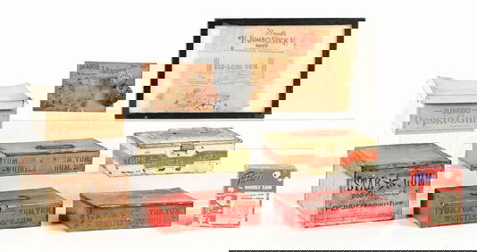 COLLECTION OF 9 CHEWING GUM DISPLAY BOXES, WRAPPERS & MEMORABILIA