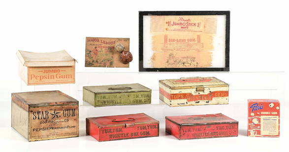 COLLECTION OF 9 CHEWING GUM DISPLAY BOXES, WRAPPERS & MEMORABILIA: This lot of chewing gum display items consists of several metal painted chewing gum display boxes, one for Yum, Yum Whistle Gum, one for Tops Whistle Gum, a cardboard box for Jumbo Chewing Gum and sev