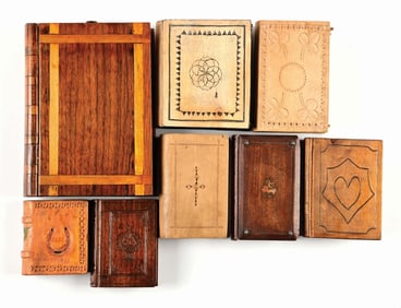 COLLECTION OF 8 CARVED SPRUCE GUM BOXES