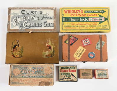 COLLECTION OF 5 VINTAGE CHEWING GUM DISPLAY BOXES: C. 1910 to 1920. CONDITION: (A) A Fields Tidbits Pepsin Gum box. (B) A Case Pepsin Gum box with three small boxes enclosed inside. (C) A Wrigley's Pepsin Gum box, Curtis Columbia Fruit. (D) A glass to