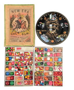 COLLECTION OF 4 CHEWING GUM MEMORABILIA ITEMS: (A) New Era Chewing Gum box, a rare brand, showing a Roman figure on the front with three horses. This brand was made by Curtis & Son in Portland, Oregon. (B) 1939 Display plate from the Ford Gum Comp