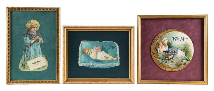 COLLECTION OF 3 FRAMED "KIS-ME" GUM ADVERTISEMENTS: A nice collection of three die-cut signs from Kis-Me Chewing Gum featuring a woman, young child, and baby graphic. CONDITION: All three remain vibrant. The "standing child" sign shows a vertical tear