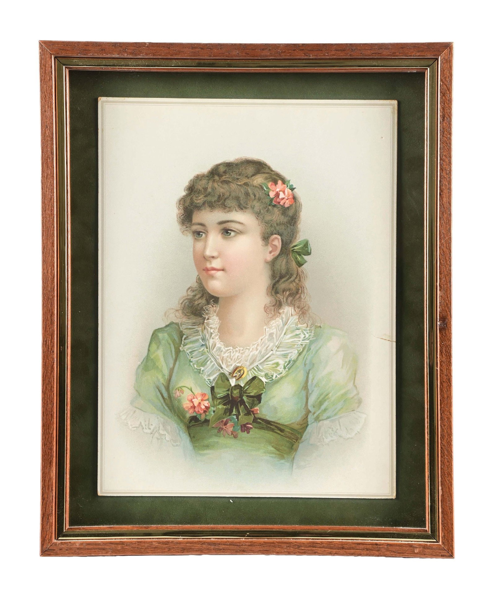 KIS-ME WOMAN IN GREEN PAPER SIGN: A clean example of this single-sided heavy paper sign from Kis-Me Chewing Gum featuring a lovely lady in green graphic. CONDITION: The sign shows a small tear to the paper near the center-right outer 