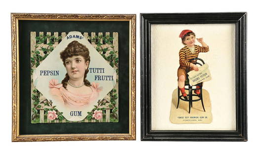 PAIR OF ADAMS TUTTI FRUTTI & FOREST CITY PEPSIN CHEWING GUM FRAMED SIGNS: A nice collection of two die-cut cardboard signs from Adams Pepsin Chewing Gum and Bromo Pepsin Gum. CONDITION: (A) The Adams sign shows a few specks of discoloration in the field, seen in her face an