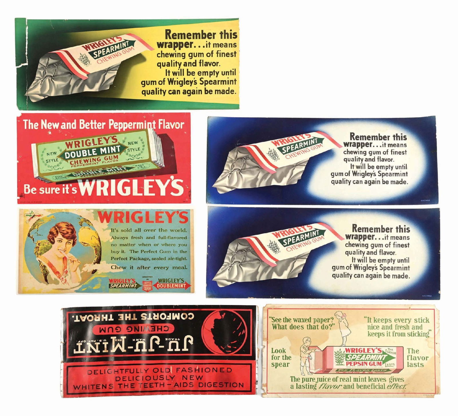 COLLECTION OF 6 WRIGLEYS TROLLEY SIGNS: (A) Wrigley's Doublemint sign, showing missing pieces to edge. (B) Wrigley's Spearmint sign with lady in globe, paper stock showing light wear at the edges. (C) Ju-Ju Mint Chewing Gum sign, cardstock