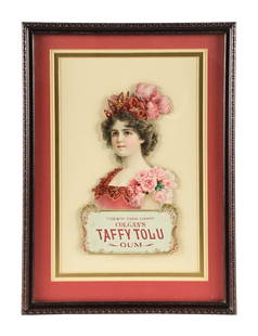 COLGAN'S TAFFY TOLU GUM DIE-CUT SIGN: This C. 1900 single-sided pressed cardboard die-cut sign from Colgan's Taffy Tolu Gum features a beautiful woman graphic. CONDITION: There are a few dark specks of discoloration in the field seen in h