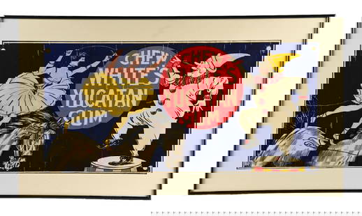 CHEW WHITE'S YUCATAN GUM FRAMED POSTER: Maker marked "The International Sign Co.". A nice example of this c. 1930s paper sign from White's Yucatan Gum, featuring a clown and horse performer graphic. CONDITION: The sign shows cracks to the p