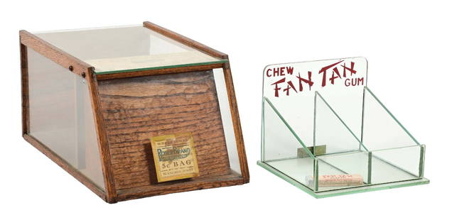 PAIR OF COUNTRY STORE DISPLAY CASES: (A) Roger Brand Salted Peanut display case with original paper labels to the front, the top and to the back door, advertising the company. All oak construction, showing average wear for a small counte