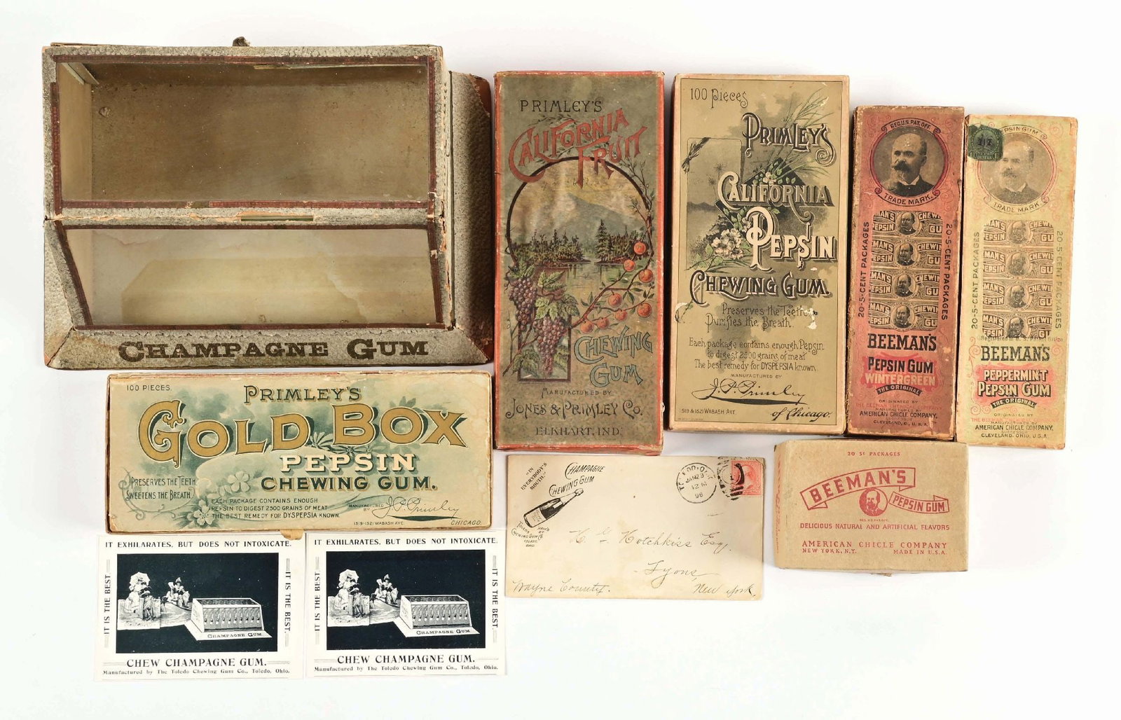 COLLECTION OF 10 CHEWING GUM BOXES & TRADE CARDS: This collection of 10 chewing gum memorabilia items consists of: boxes for Primley's Gold, Primley's California Fruit, Beeman's Pepsin Gum, trade cards for Champagne Gum, small glass showcase for Cham