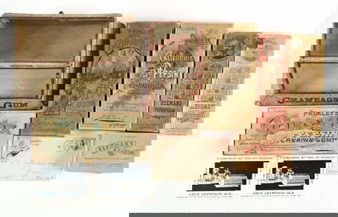 COLLECTION OF 10 CHEWING GUM BOXES & TRADE CARDS: This collection of 10 chewing gum memorabilia items consists of: boxes for Primley's Gold, Primley's California Fruit, Beeman's Pepsin Gum, trade cards for Champagne Gum, small glass showcase for Cham