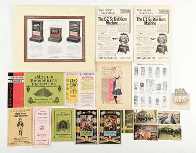 LARGE COLLECTION OF VARIOUS CATALOGS & ADVERTISING PAPER FOR VENDING MACHINES, CHEWING GUM &: Collection consists of trade cards, postcards, original Zeno advertising, original Ad-Lee advertising for their E-Z Ball Gum Machine, as well as Northwestern reprinted catalog, two United Profit-Shari