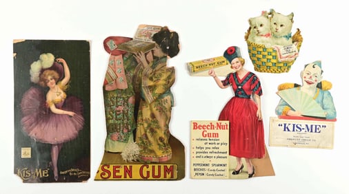 COLLECTION OF 5 CARDBOARD CHEWING GUM ADVERTISING PIECES