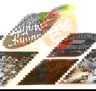 COLLECTION OF 4 CHEWING GUM ADVERTISING SIGNS: (A) Juicy Apple Gum fan pull, two-sided cardstock, showing great color with no folds or tears. (B) Primley's California Pepsin Gum sign, showing a classroom full of cats. Some light staining to the re