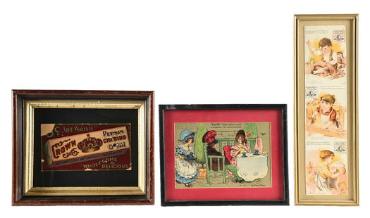 COLLECTION OF 3 CHEWING GUM ADVERTISEMENTS: This collection of three chewing gum items includes a Crown Pepsin Gum sign and two Kis-Me gum advertising cartoons. CONDITION: (A) The Crown sign shows paper loss in the top-left corner and around th