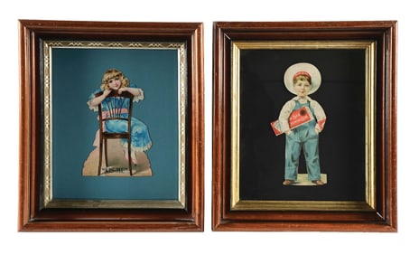 PAIR OF SEN-SEN AND KIS-ME DIE-CUT SIGNS