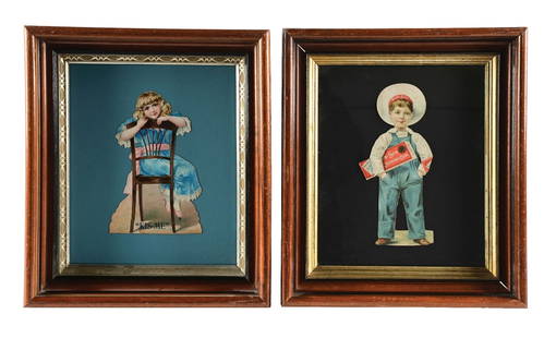 PAIR OF SEN-SEN AND KIS-ME DIE-CUT SIGNS: A nice collection of two die-cut heavy pressed paper signs from Sen-Sen Chewing Gum and Kis-Me Chewing Gum. CONDITION: (A) The Sen-Sen sign shows creases in the boy's neck and in his hat. The outer ed