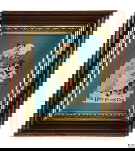 CHEW REX PEPSIN GUM DIE-CUT SIGN: This c. 1900 single-sided pressed cardboard sign from Rex Pepsin Chewing Gum features a nice graphic of a mother playing a tambourine while her children dance. CONDITION: The field has a few light spo
