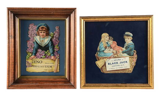 PAIR OF ZENO AND ADAMS BLACK JACK FRAMED CHEWING GUM SIGNS: A nice collection of two die-cut cardboard signs from Zeno Chewing Gum and Adams Black Jack Chewing Gum, both featuring children graphics. CONDITION: (A) The Zeno sign shows rips and crease lines in