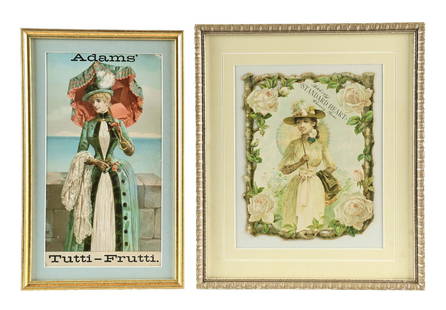 PAIR OF ADAMS AND FITCH'S STANDARD HEART CHEWING GUM SIGNS: A nice collection of two chewing gum pieces including a Adams Chewing Gum paper sign, and a die-cut cardboard Fitch's Standard Gum sign. CONDITION: (A) The Adams sign shows a few specks of color loss