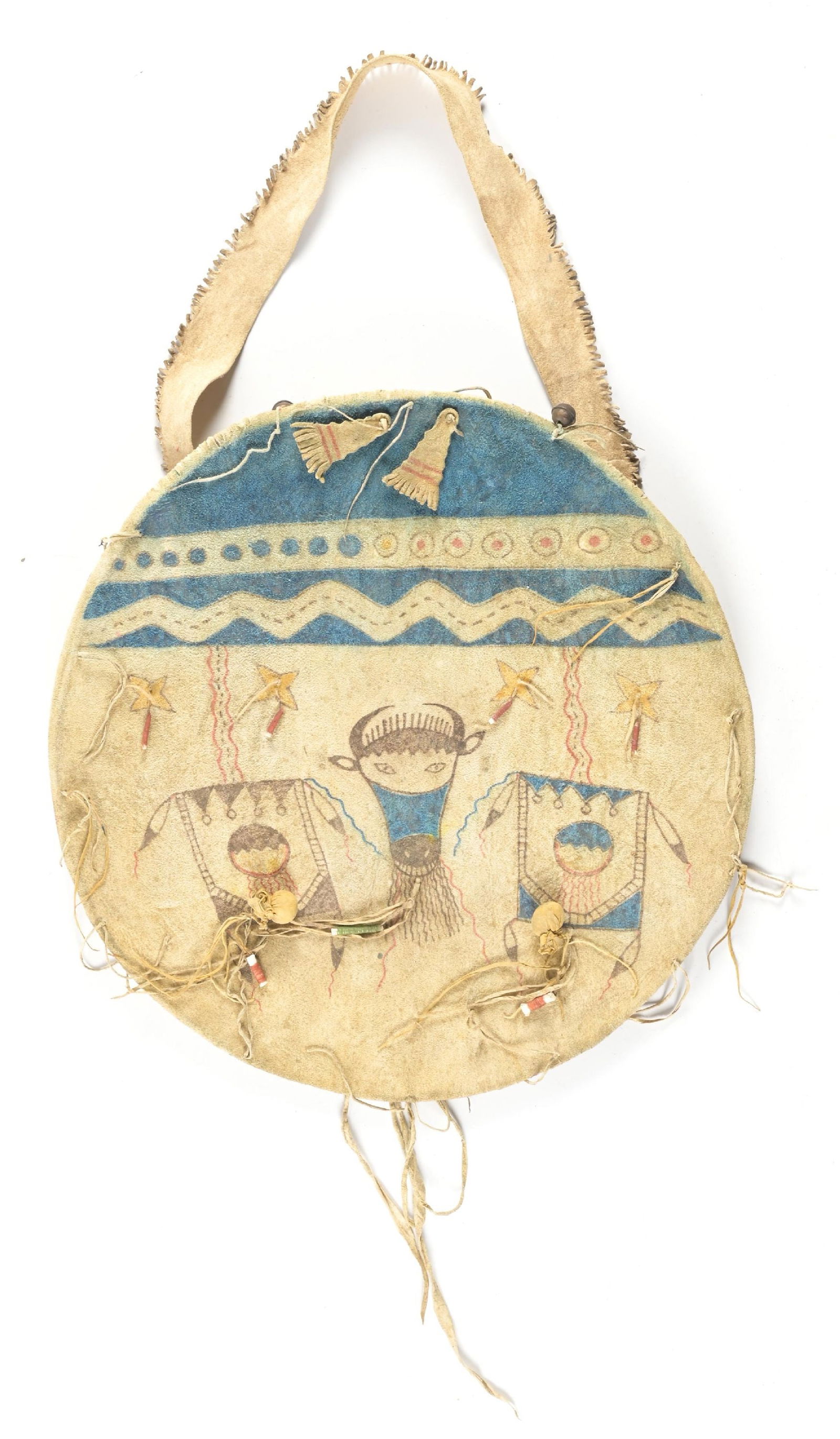 PLAINS INDIAN SHIELD: Classic Plains design, two part shield and cover made of Indian tanned buckskin with painted pictorial animal designs. Most likely later construction for display or movie prop. 20" Dia. CONDITION: Ver