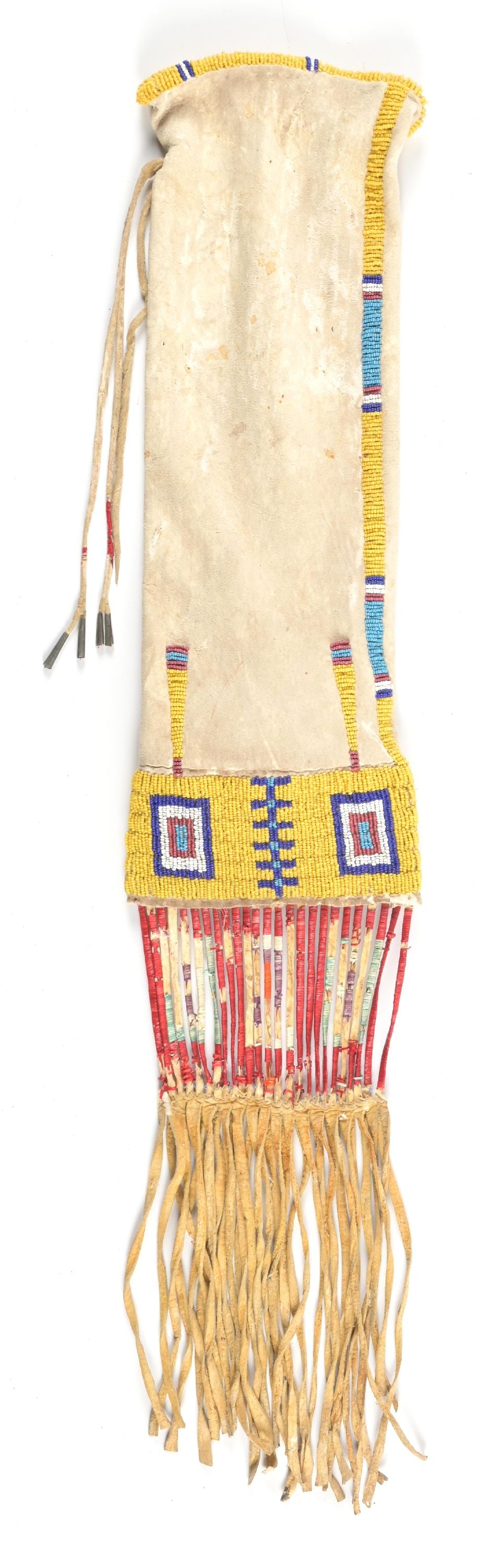 YELLOW BEADED AND QUILL BEAD PIPE BAG: Plains tobacco bag, ca. 1885-1900. Yellow beaded field on Indian tanned buckskin with geometric designs in light blue, medium blue, white centered rose, above a panel of dyed red porcupine quills. CON