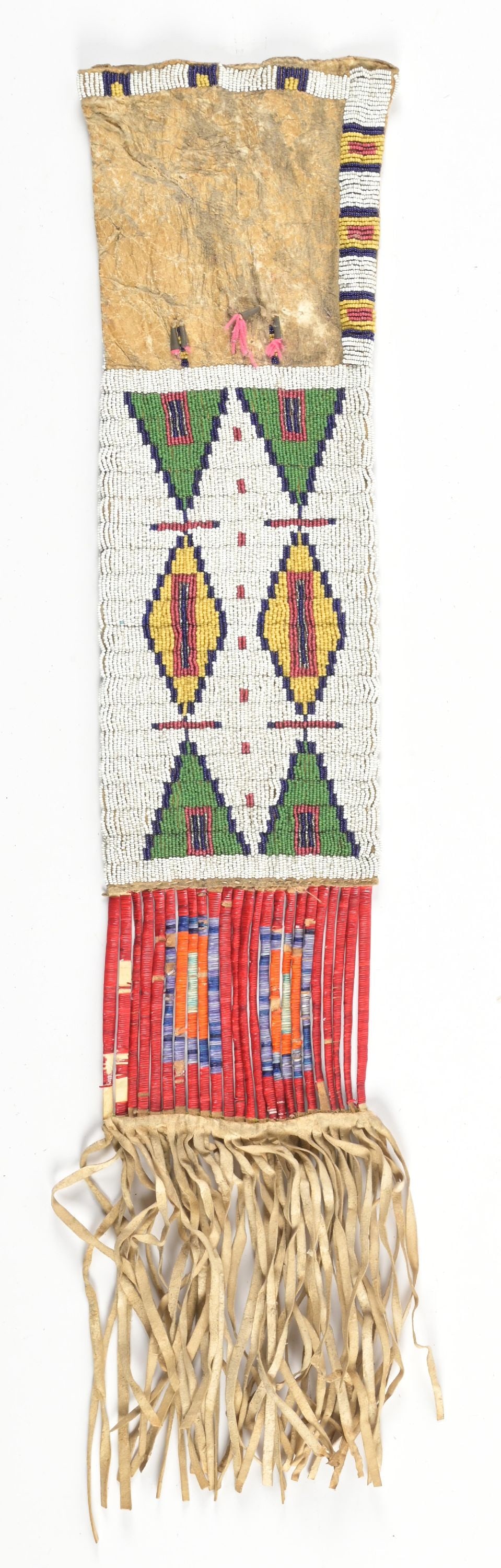 SIOUX BEADED AND QUILLED PIPE BAG: Beaded Hide Pipe Bag, ca. 1890-1910, sinew sewn, having white, dark blue, greasy yellow, faceted silver, and white centered rose glass seed beads in classic geometric patterns. Dyed red, purple, and g