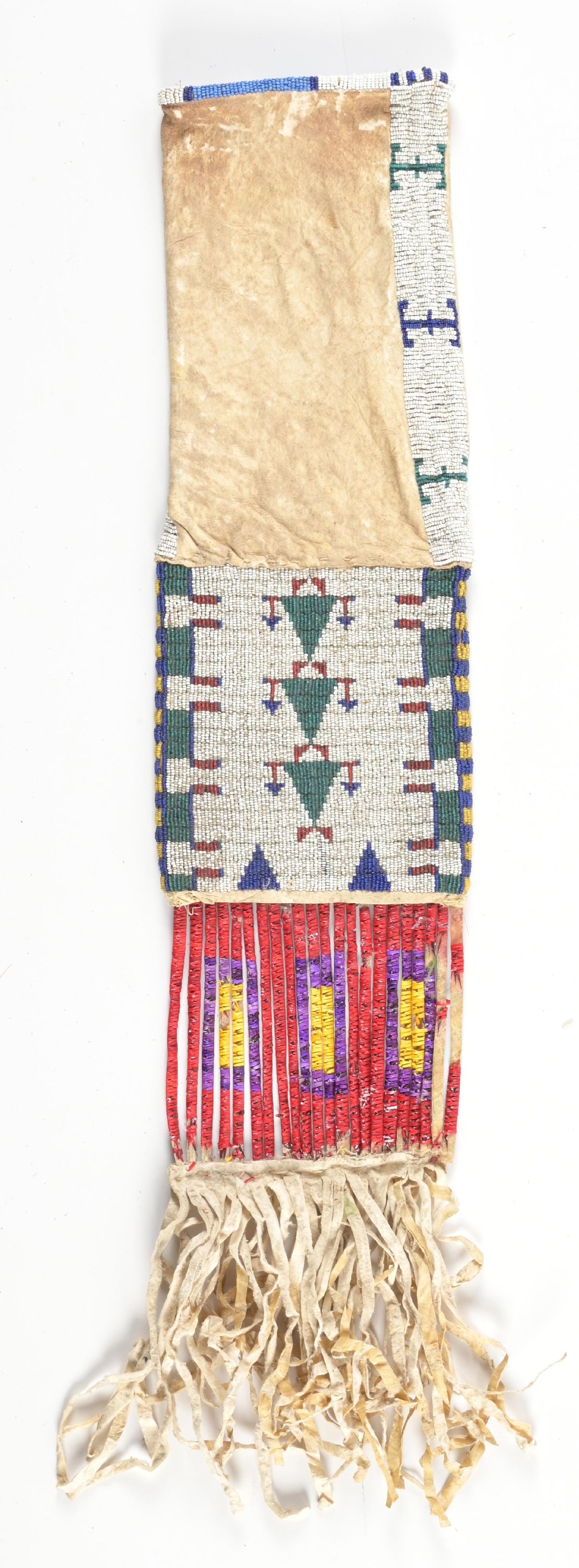 BEADED AND QUILLED PLAINS TOBACCO BAG: Circa 1885-1900 Plains Indian pipe bag with geometric designs on a white beaded field on Indian tanned buckskin. Dyed porcupine quilled panel with fringe. CONDITION: Very Good. Dimensions: 16" x 6 1/4