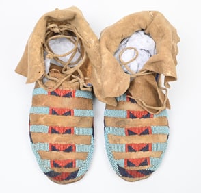 BLUE AND RED BEADED CROW MOCCASINS