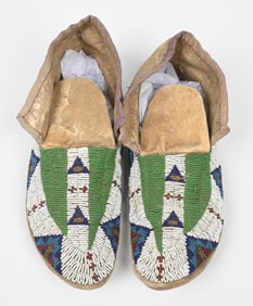 GREEN BEADED MOCCASINS WITH BLUE GEOMETRIC PATTERN
