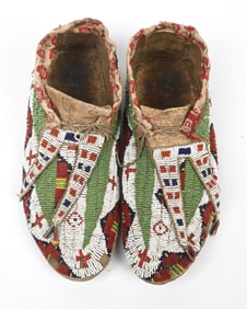 GREEN & WHITE BEADED ARAPAHO MOCCASINS