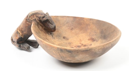 HAND CARVED BOWL WITH BEAR SCULPTURE