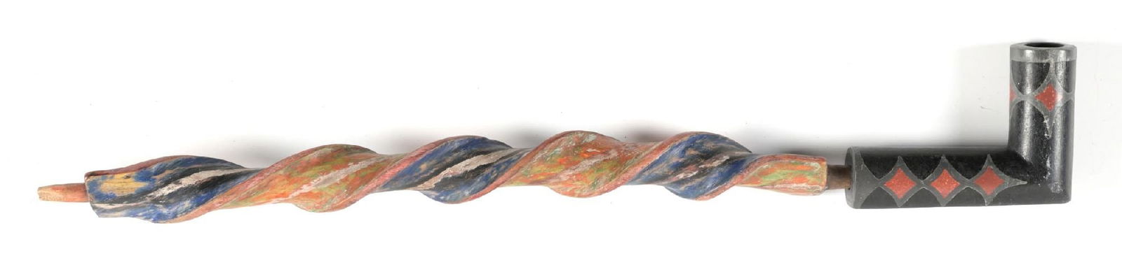 PLAINS PIPE WITH TWISTED STEM: Plains pipe with twisted and painted stem. Steatite elbow shaped bowl with pewter and geometric catlinite inlay. 18 3/4" length. CONDITION: Very good. Dimensions: 18 3/4" L.