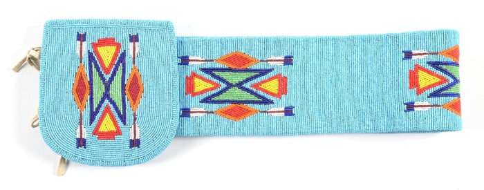 SIOUX BEADED AND RAWHIDE BELT WITH MATCHING POUCH