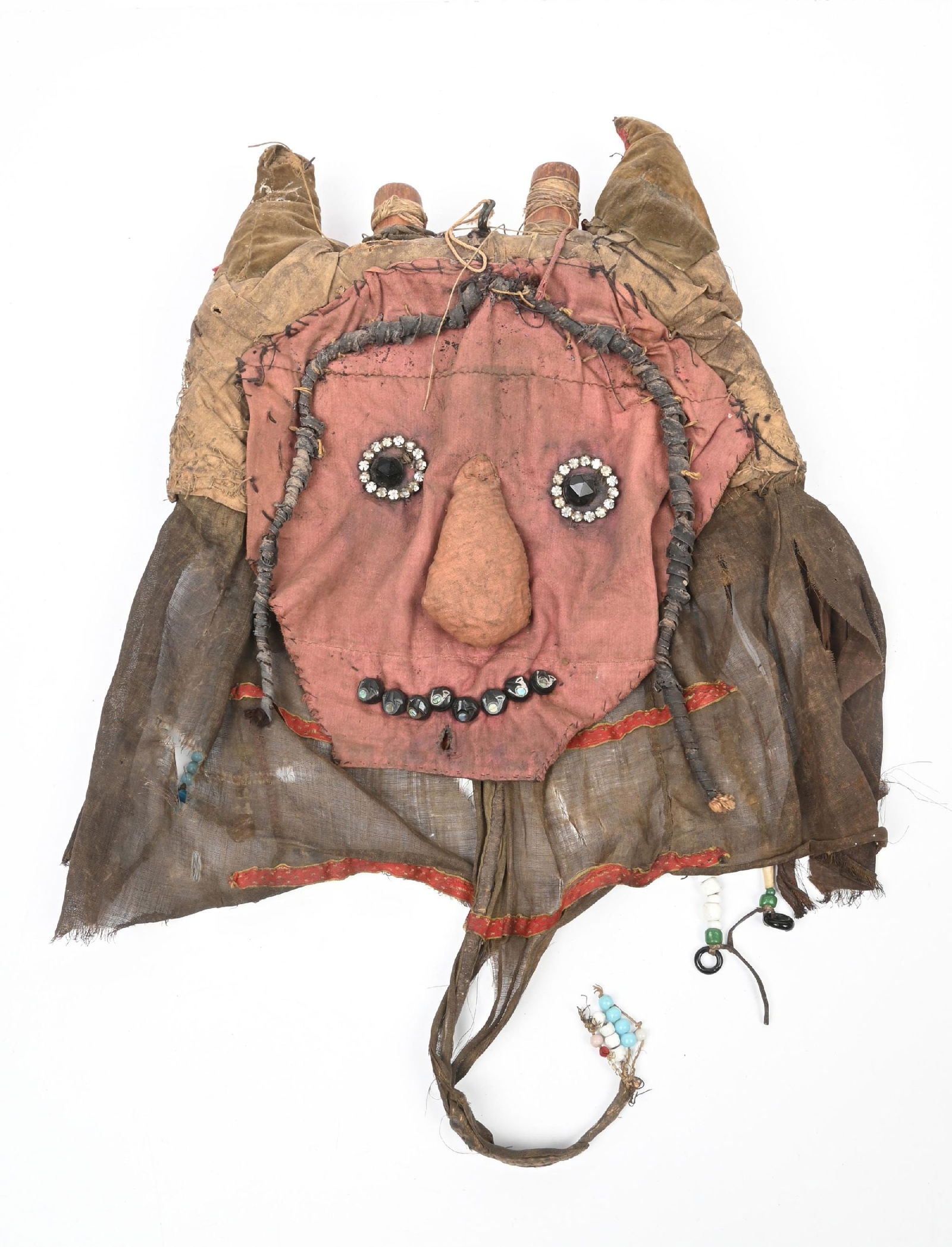 HEYOKA CONTRARY MASK: Plains clown mask. Constructed of muslin, trade beads, polished cotton with a beaded real panel. 11" W x 15" L. CONDITION: Very good with period wear. Dimensions: 11" x 15"