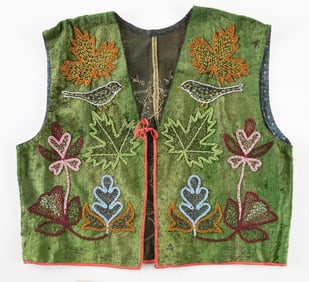 GREEN BEADED VEST WITH BIRDS AND LEAF PATTERN IN SHADOW BOX