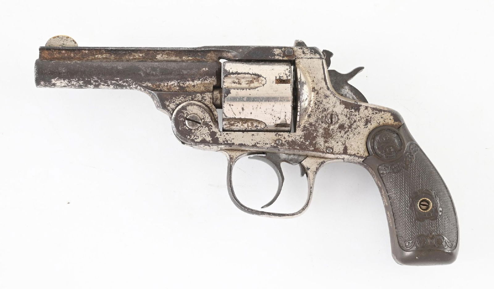 (A) IVER JOHNSON CO. SWIFT MODEL DOUBLE ACTION REVOLVER.: Iver Johnson pocket DA revolver. CONDITION: Poor. Barrel Length: 3 - 1/4" Caliber/Bore: .38 Colt FFL Status: Antique Manufacturer: Iver Johnson Co. Model: Swift Serial Number: 1806