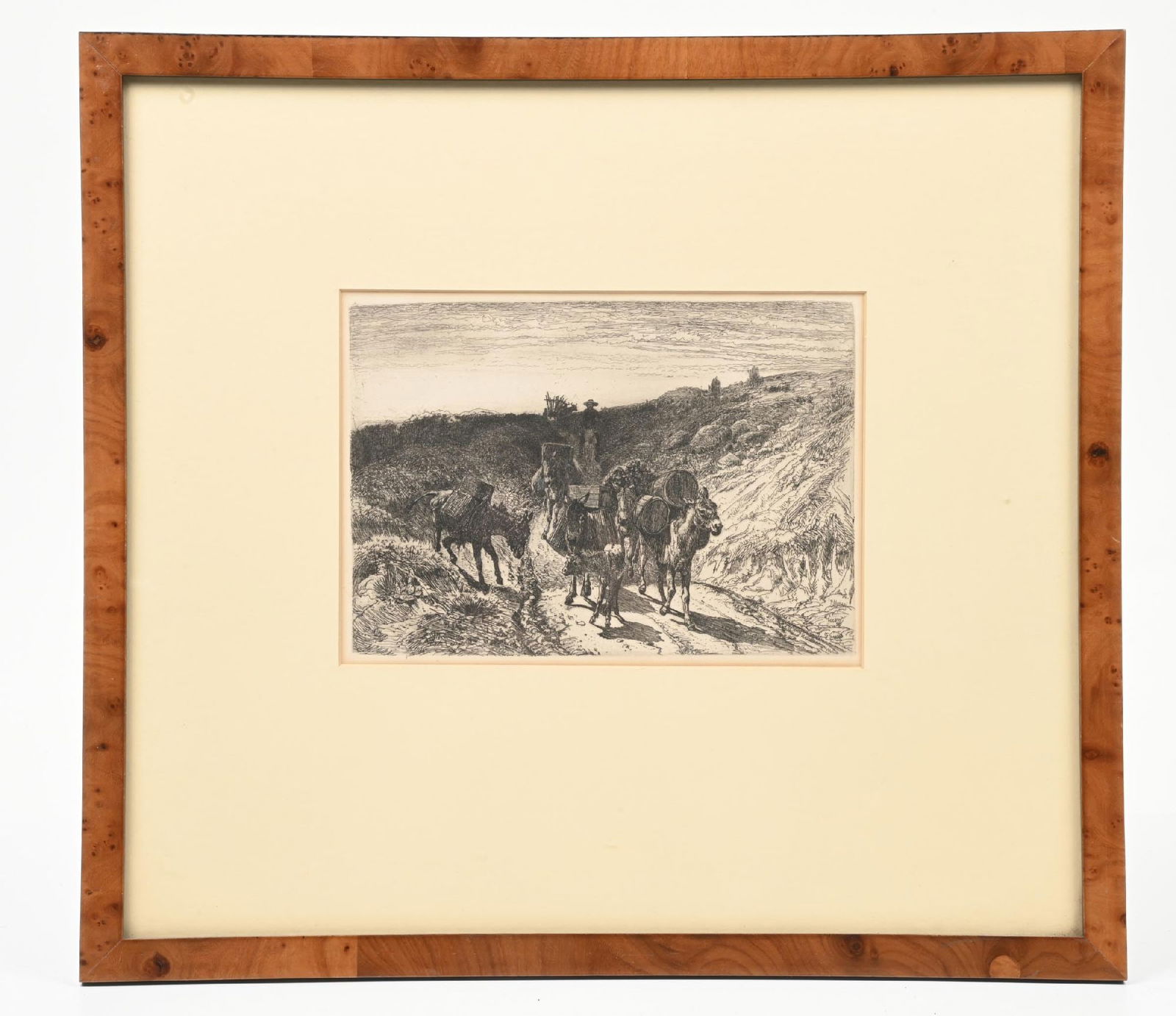 PETER MORAN (1841-1914): A Burro Train New Mexico Ink on board 7 x 9 3/4 in. x Signed lower right "P. Moran" Framed to 17 1/4 x 19 in. Dimensions: Frame: 17 1/4" x 19".