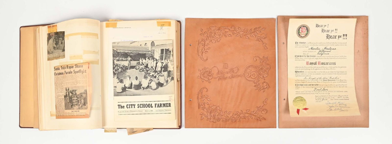 MONTE MONTANA'S PERSONAL SCRAPBOOK W/ TOOLED LEATHER COVER: Hand carved leather front and back covers unbound from main leathertte covered scrapbook. Scrpabook is primarily newspaper clippings with a few photos and associated pamphlets, etc. relating to Montie