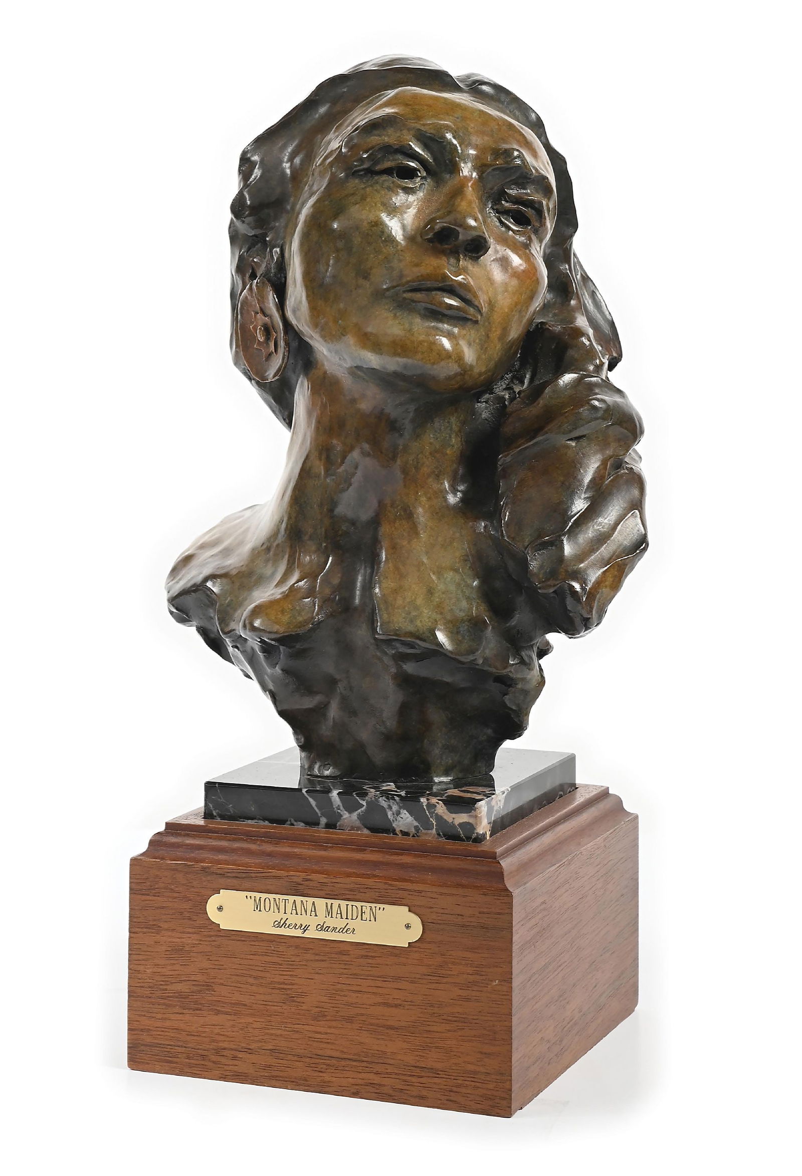 SHERRY SANDER (B. 1941): Montana Maiden Bronze 10" x 7 1/2" x 6" signed Sander 88© On 3 1/2" wooden and marble base Dimensions: 10" x 7 1/2" x 6"