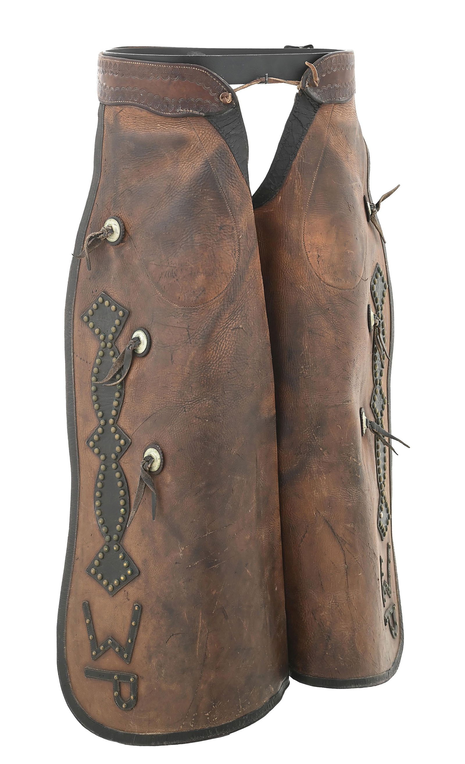 STUDDED BATWING CHAPS: A pair of unmarked studded and overlaid batwings with W - Lazy - P brand on the legs. Done in two-tone brown. Show some scratches and wear, marked 28, 35" length overall Dimensions: 35" L.