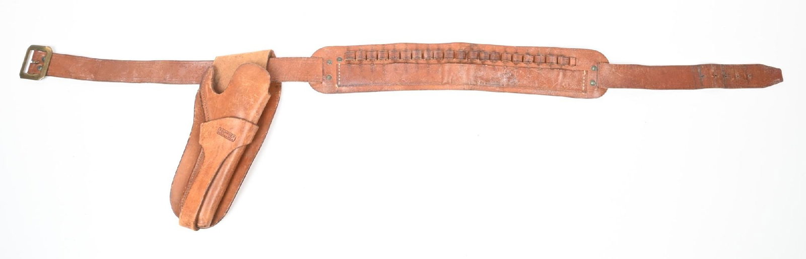 S. D. MYRES OF EL PASO LEATHER GUN BELT WITH HOLSTER: Belt 45 1/4" long, holster 11" long x 5" wide. CONDITION: Very good. Dimensions: Belt: 45 1/4" L.