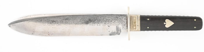 BOWIE KNIFE WITH FALSE EDGE AND SPADE PATTERN INLAID HANDLE